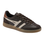 Gola Harrier trainer in dark brown with white stripes and a tan heel tab