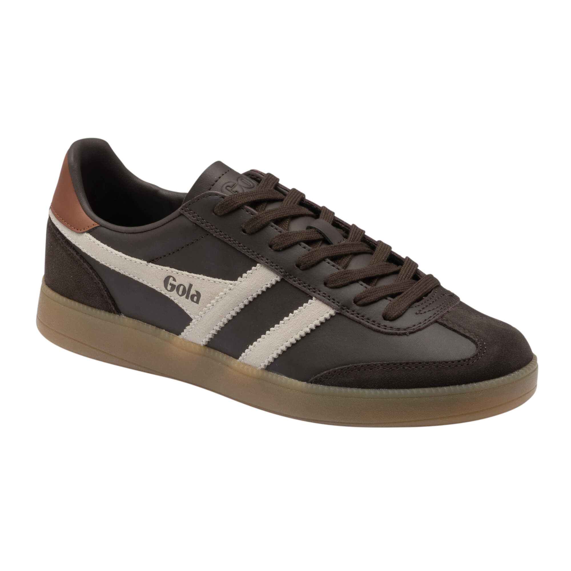 Gola Harrier trainer in dark brown with white stripes and a tan heel tab