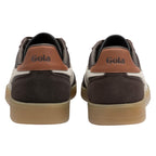 Rear view of two Gola trainers in brown, beige, and tan with gum soles