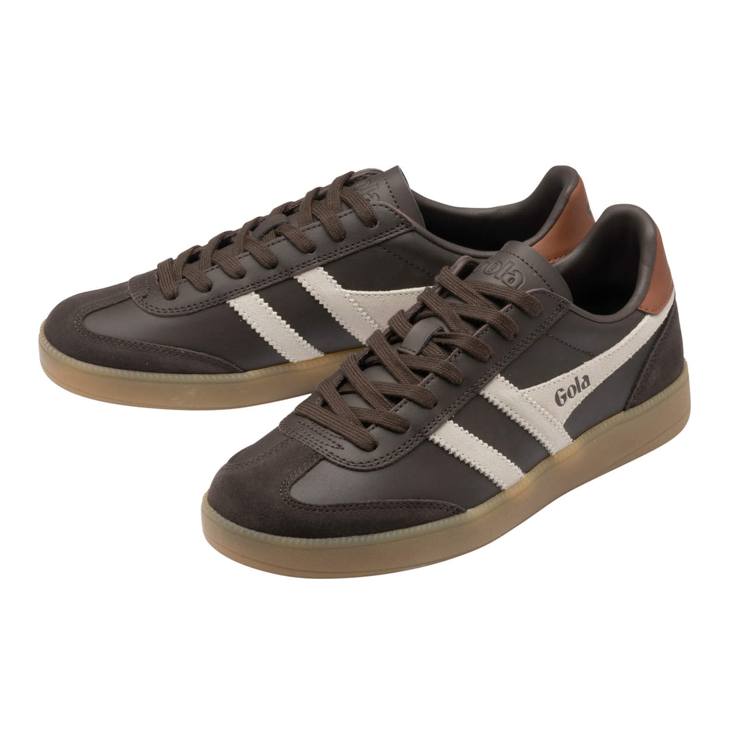 Pair of Gola Harrier trainers in dark brown with white stripes and tan soles