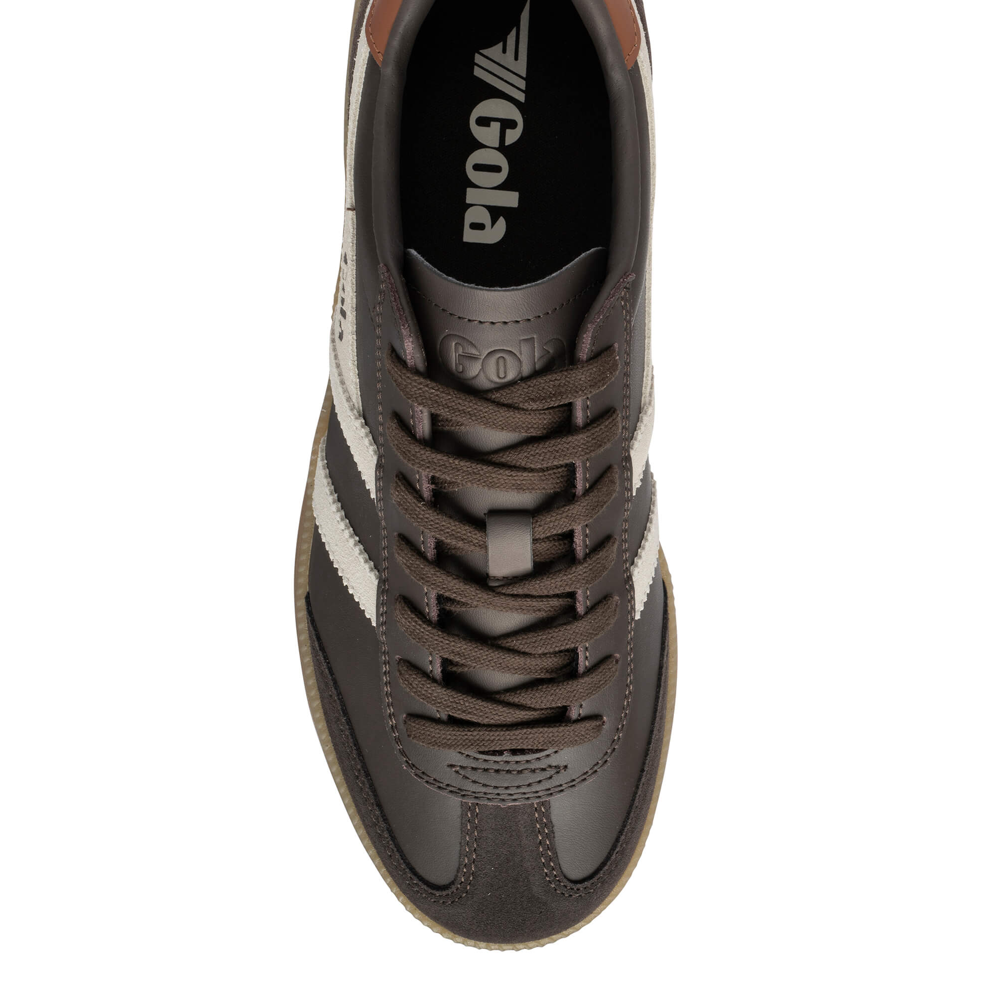 Overhead view of a brown Gola trainer with white stripes and brown laces
