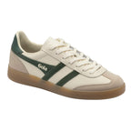 Gola men's trainer in off-white with green stripes and a gum sole