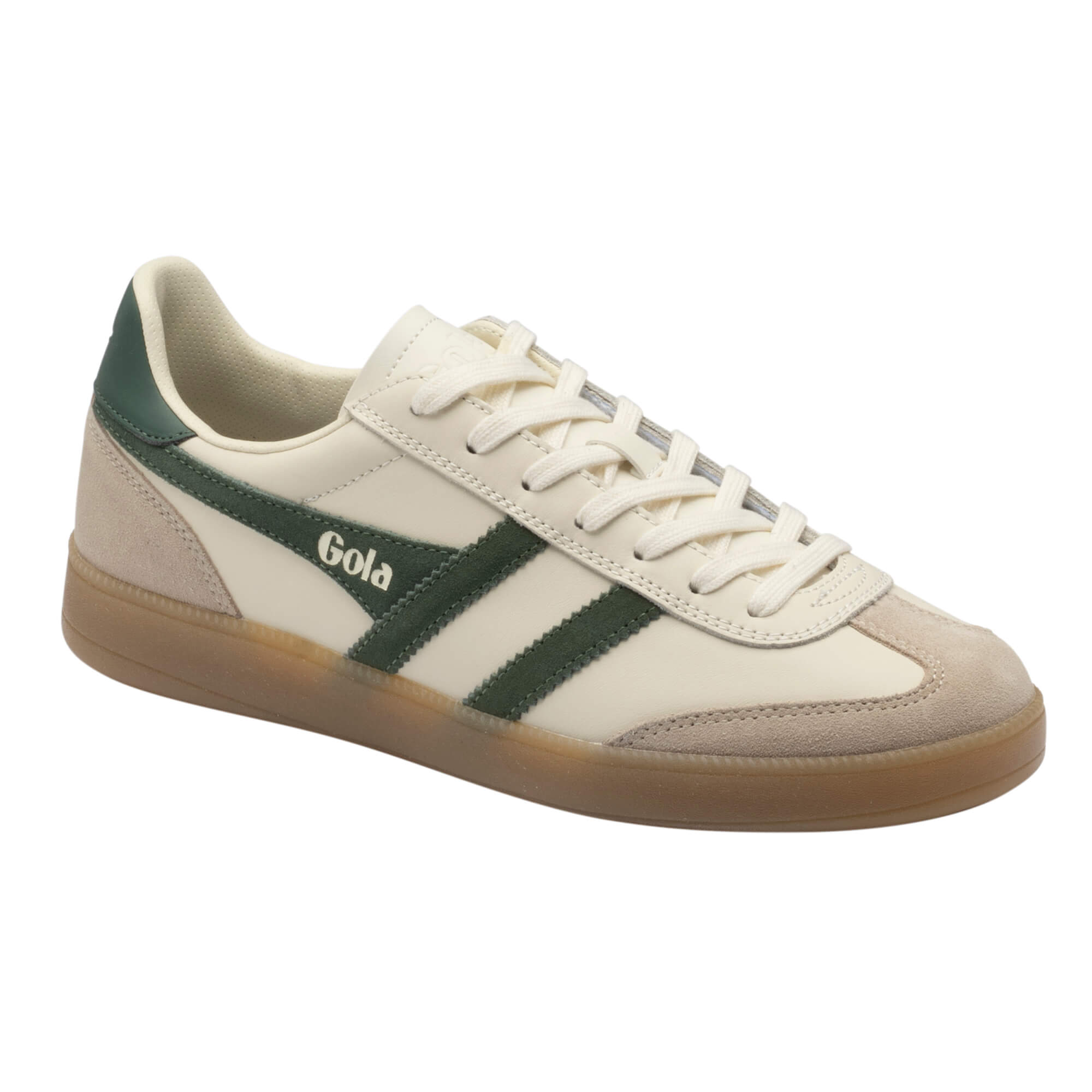 Gola men's trainer in off-white with green stripes and a gum sole