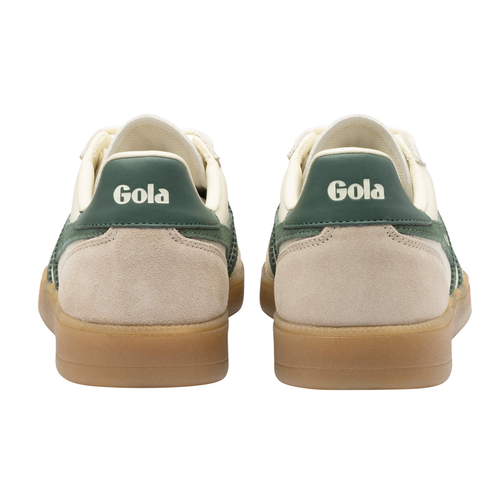 Rear view of two Gola trainers in green and cream with a gum sole