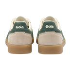 Rear view of two Gola trainers in green and cream with a gum sole