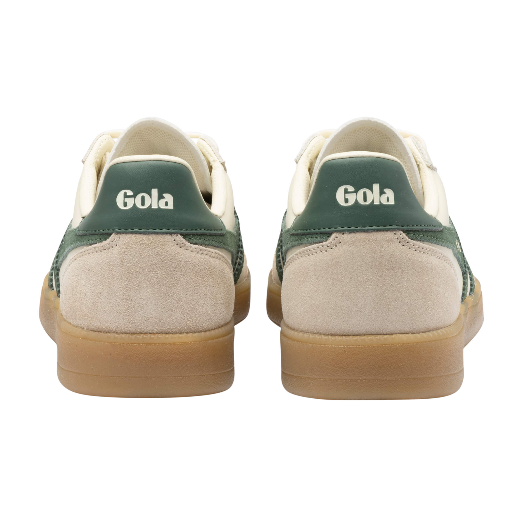 Rear view of two Gola trainers in green and cream with a gum sole