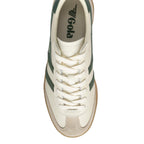 Top-down view of a Gola trainer in off-white with green stripes and a light brown sole