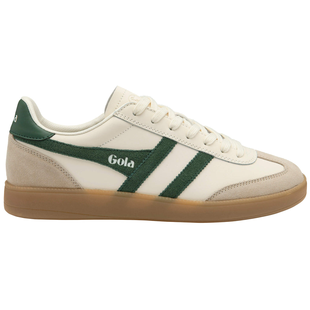 Gola Daytona trainer in off-white with green stripes and a gum sole