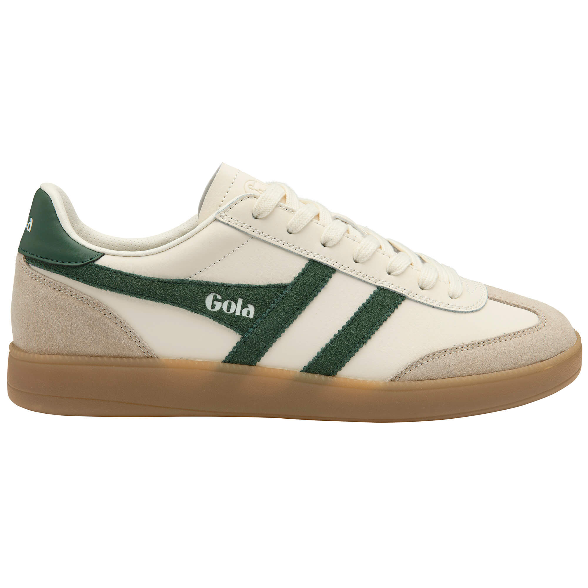 Gola Daytona trainer in off-white with green stripes and a gum sole