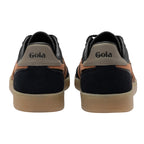 Pair of Gola trainers, black and tan with a gum sole, rear view