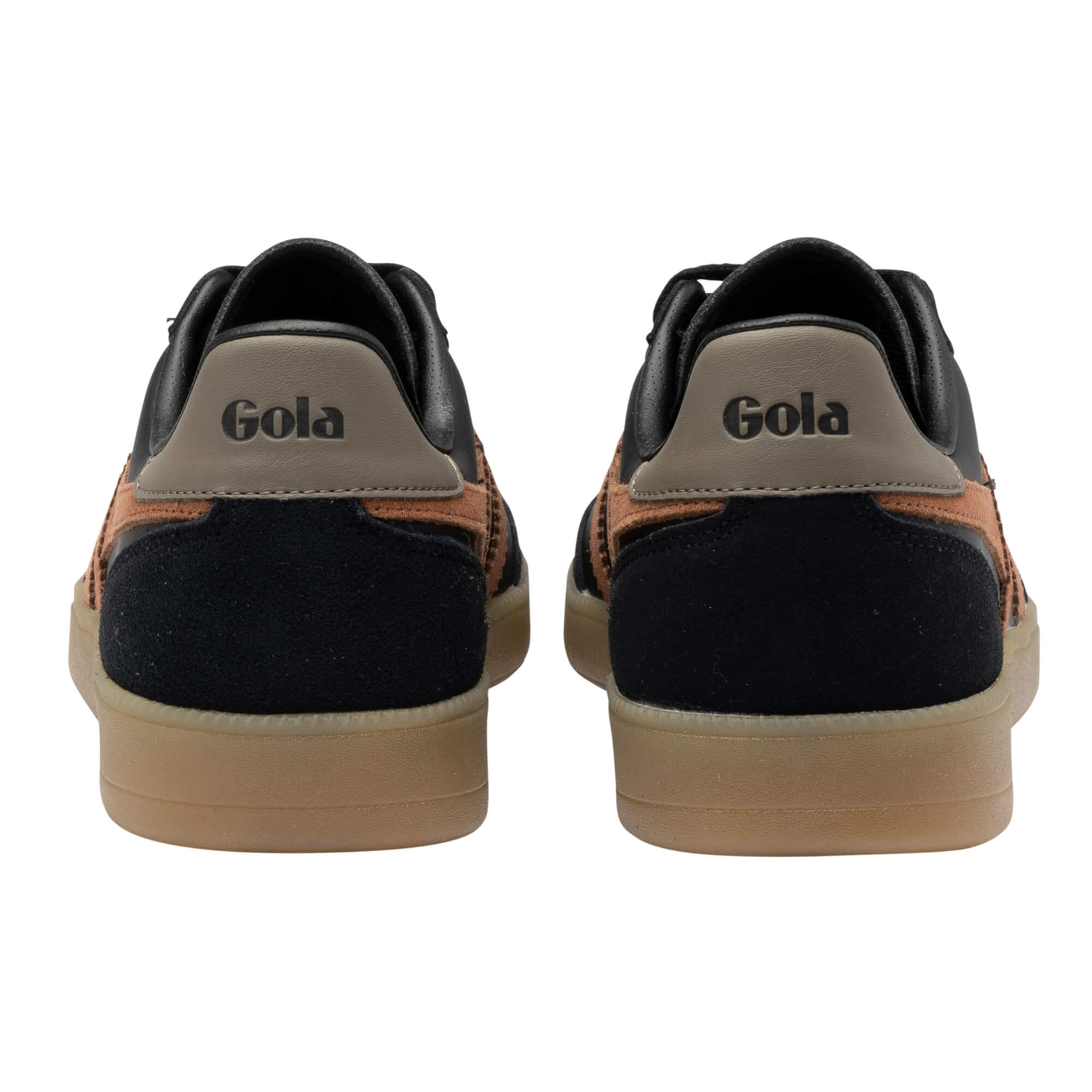 Pair of Gola trainers, black and tan with a gum sole, rear view