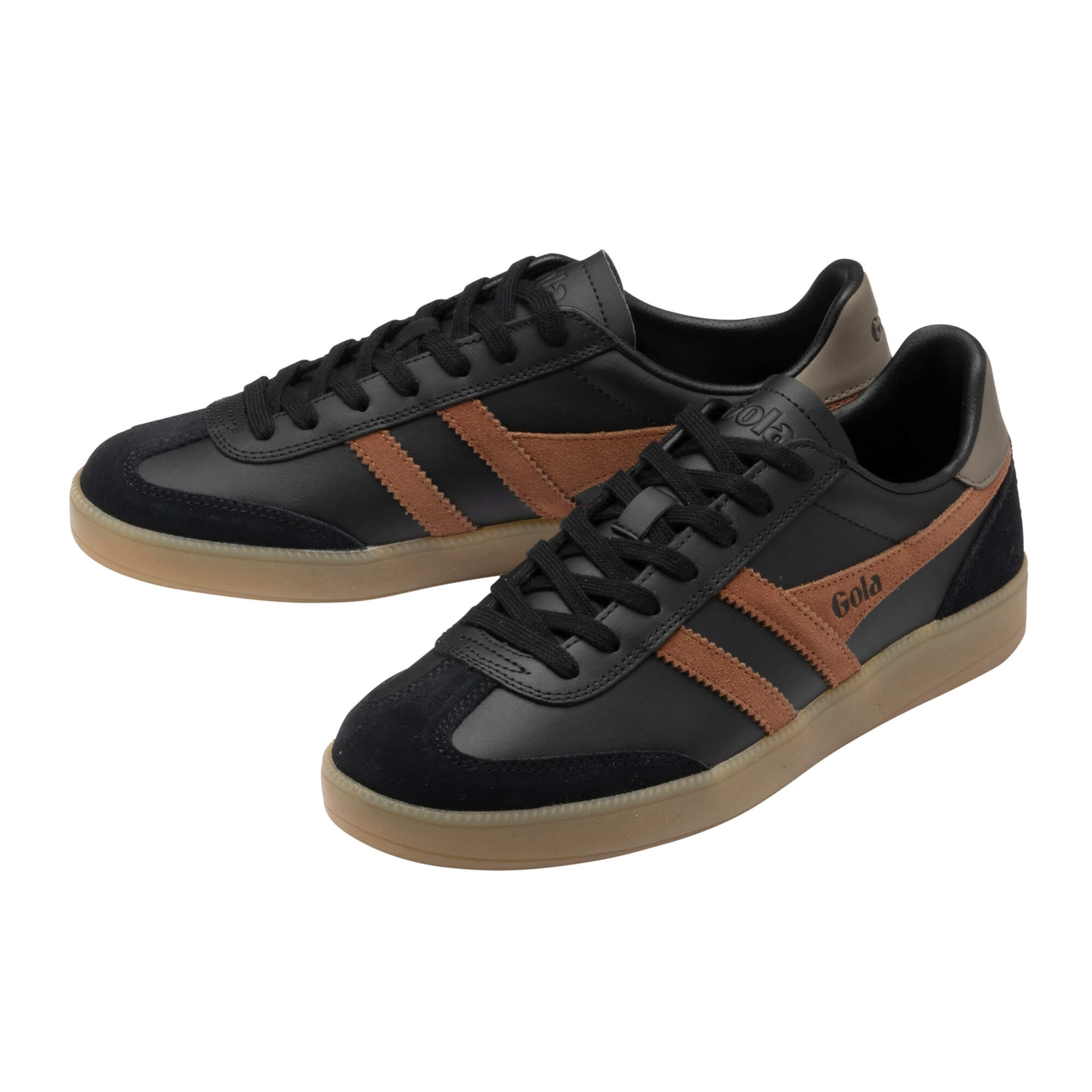 Pair of black Gola trainers with brown stripes and gum soles