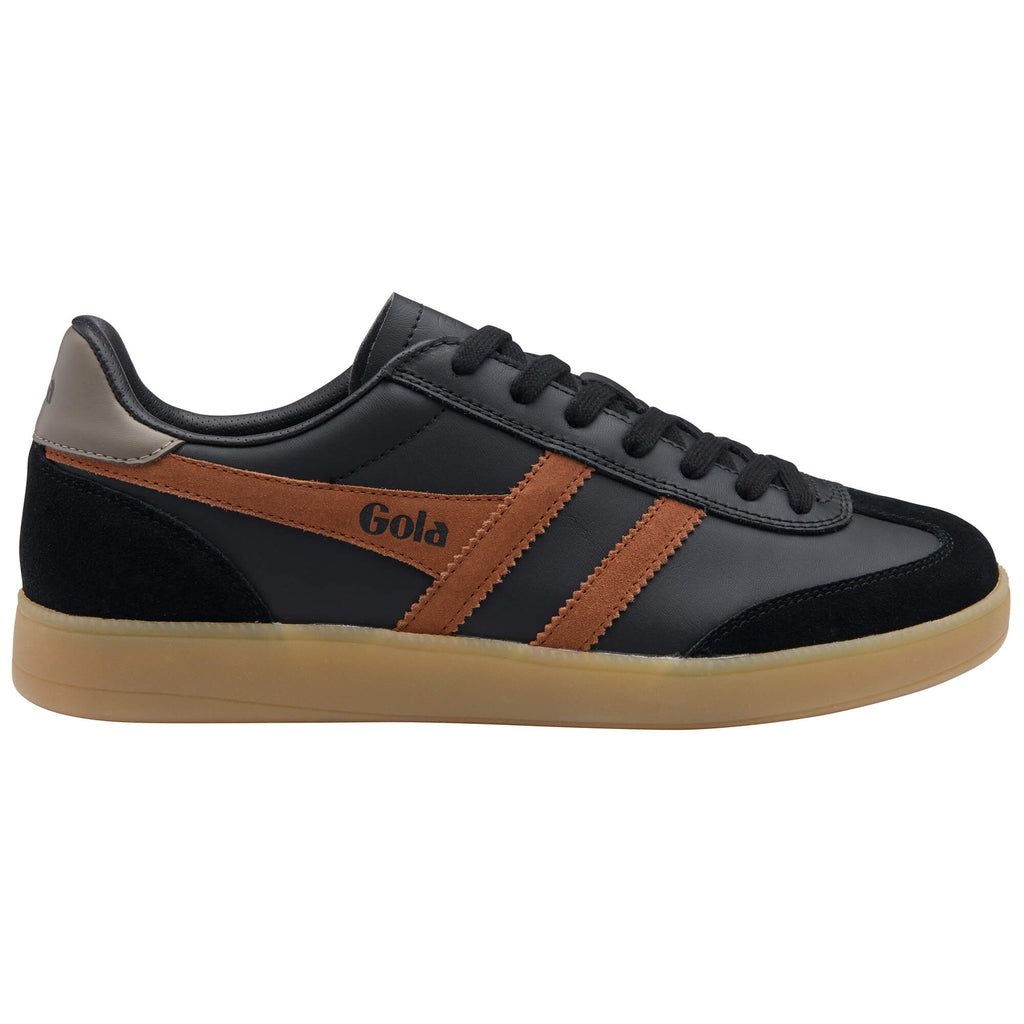 Black Gola trainer with brown stripes and gum sole