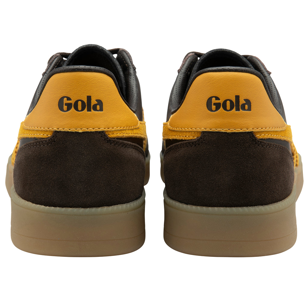 Rear view of brown and yellow Gola Classics trainers showing heel branding