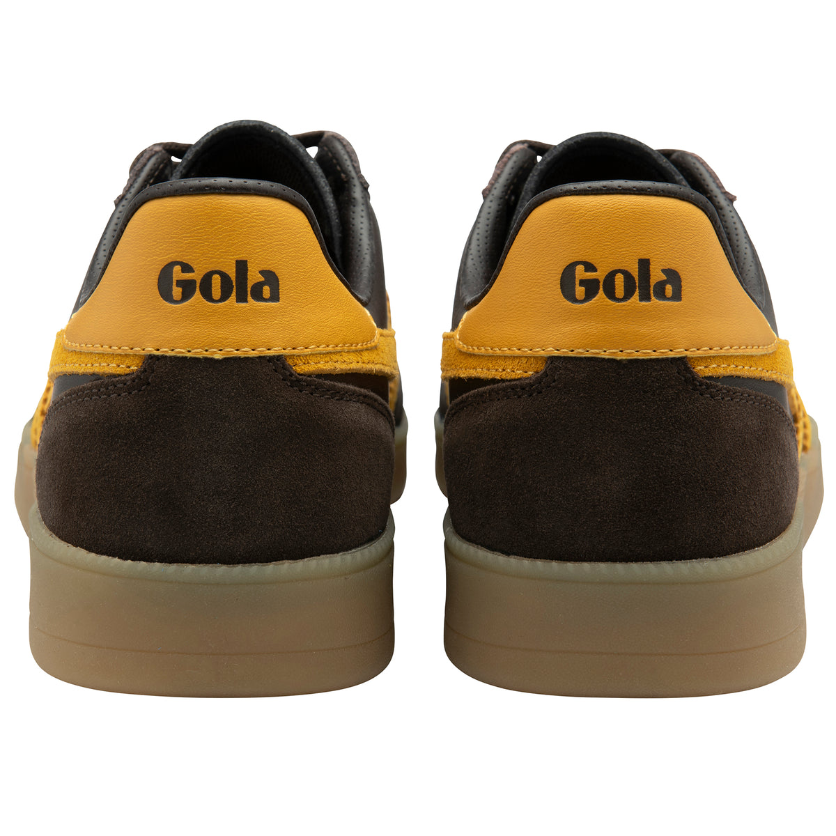 Rear view of brown and yellow Gola Classics trainers showing heel branding