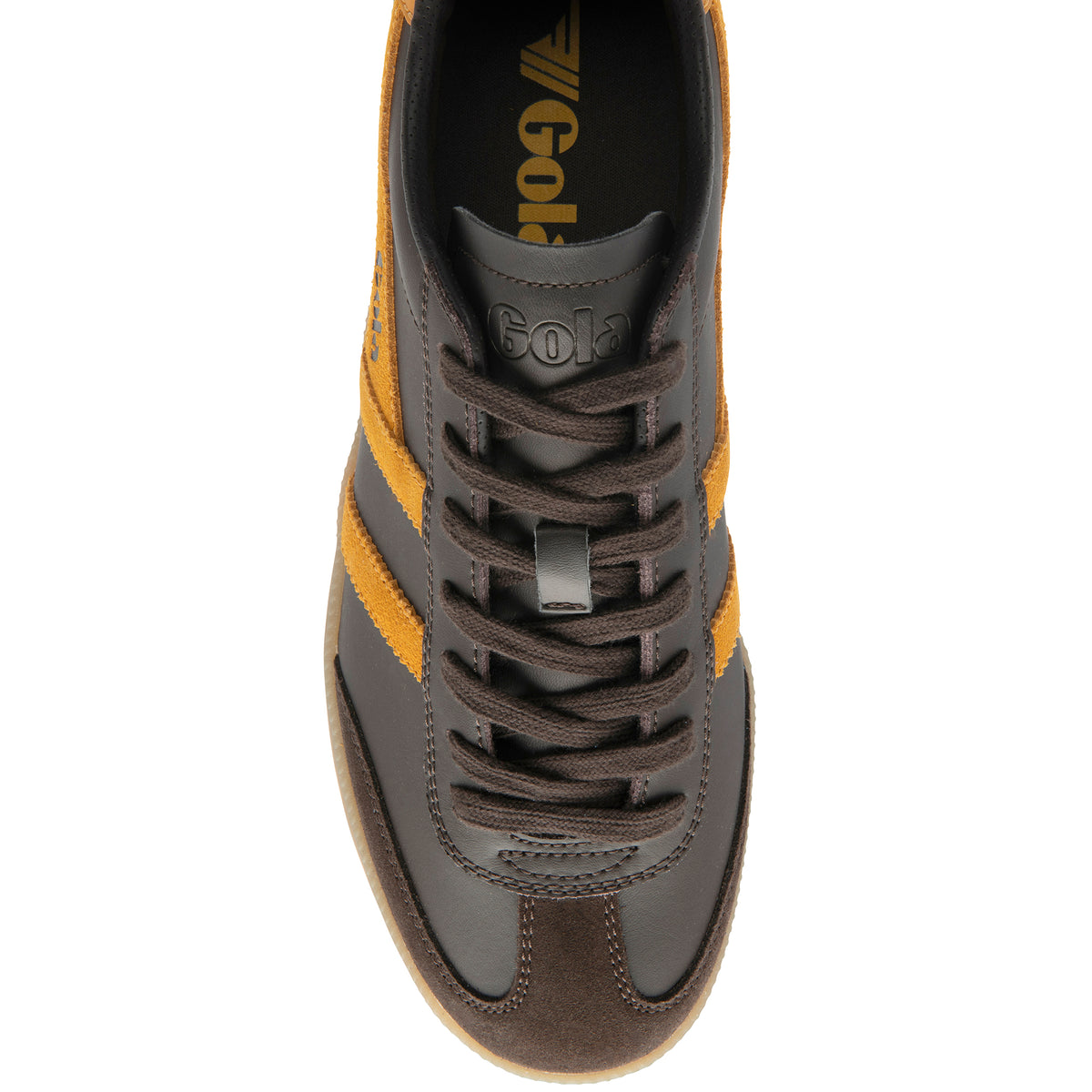 Top view of a brown Gola Classics trainer with mustard suede detailing and brown laces
