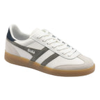 White Gola trainer with grey stripes and a gum sole
