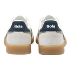 Rear view of two white Gola trainers with navy heel tabs and gum soles