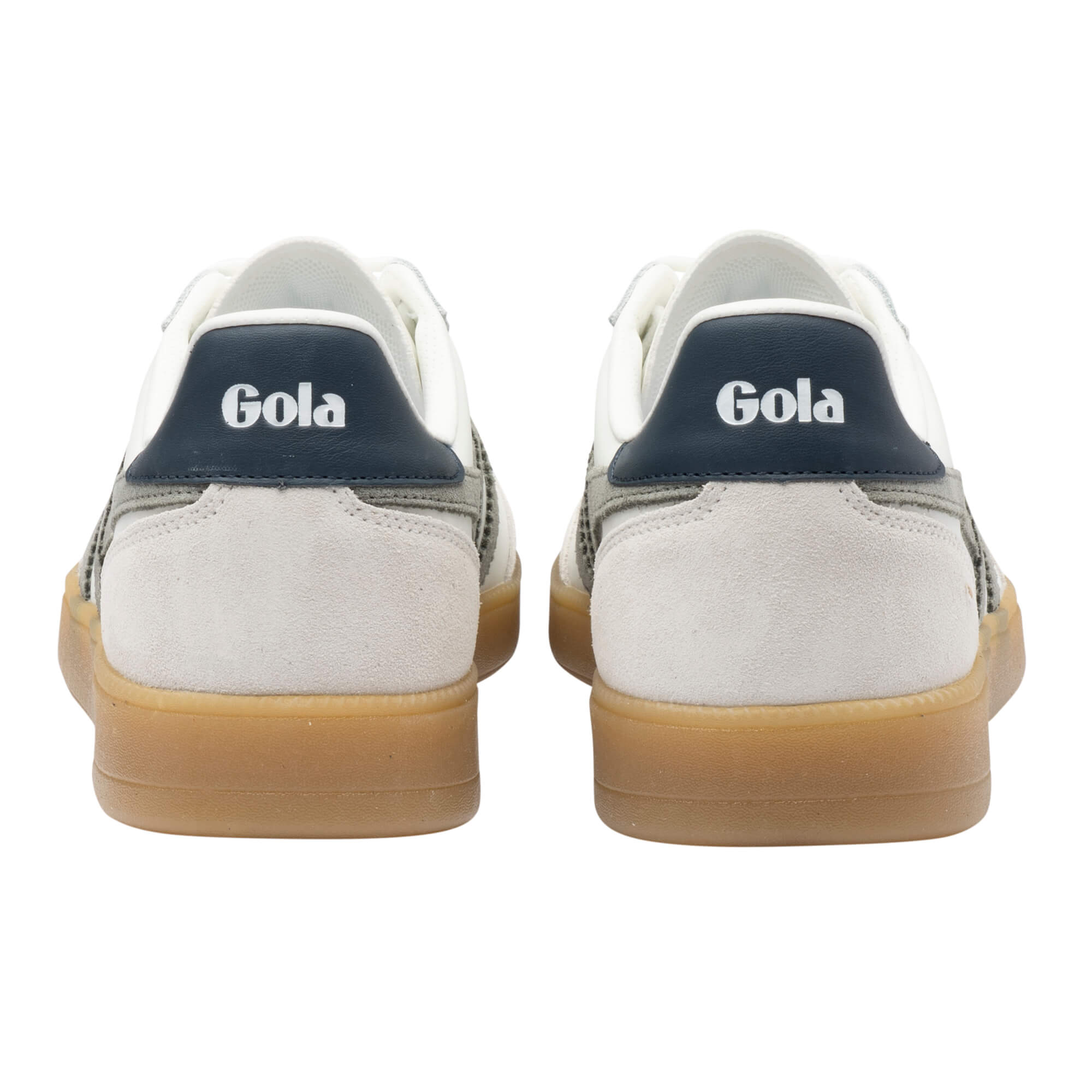 Rear view of two white Gola trainers with navy heel tabs and gum soles