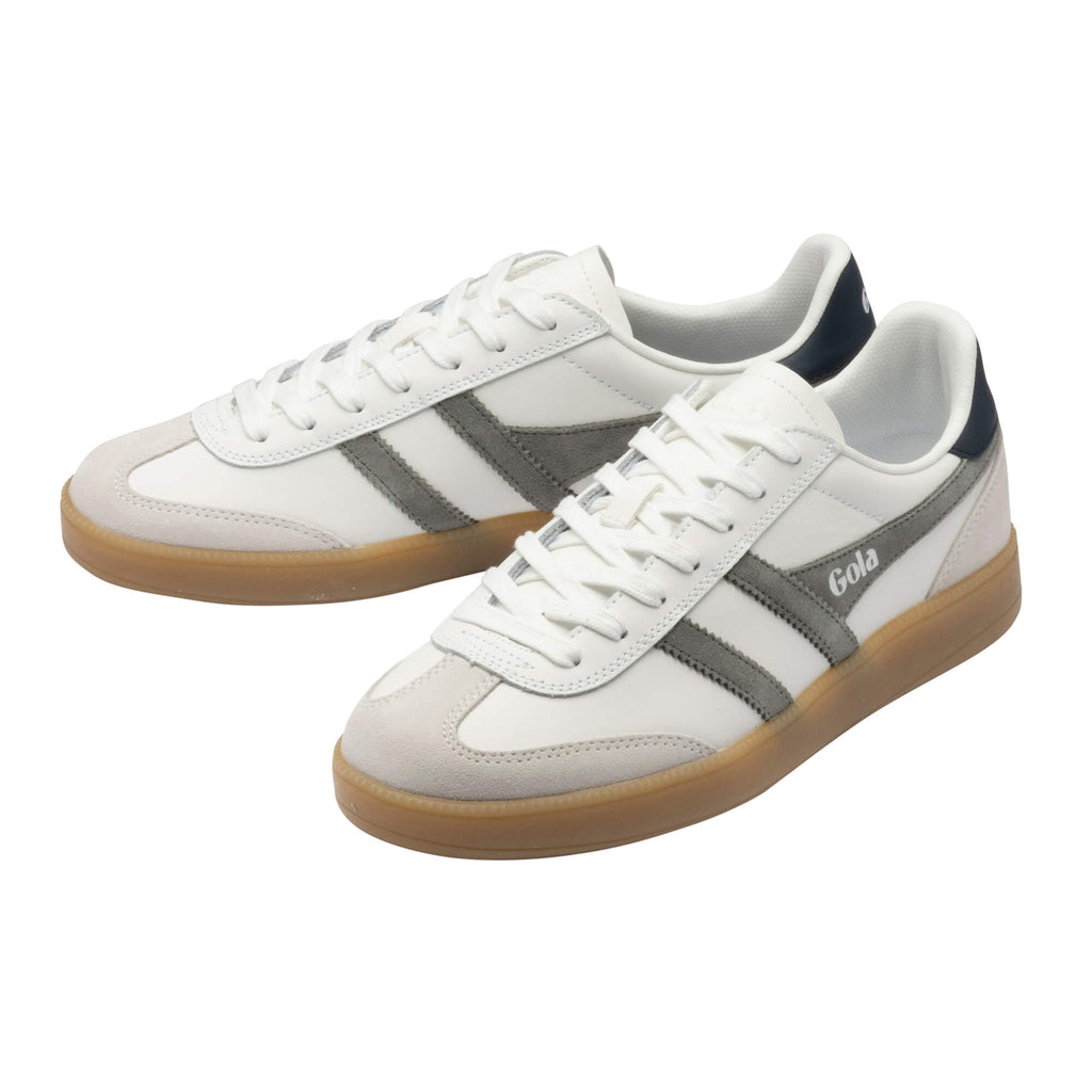 Pair of Gola trainers in white with grey stripes and a gum sole