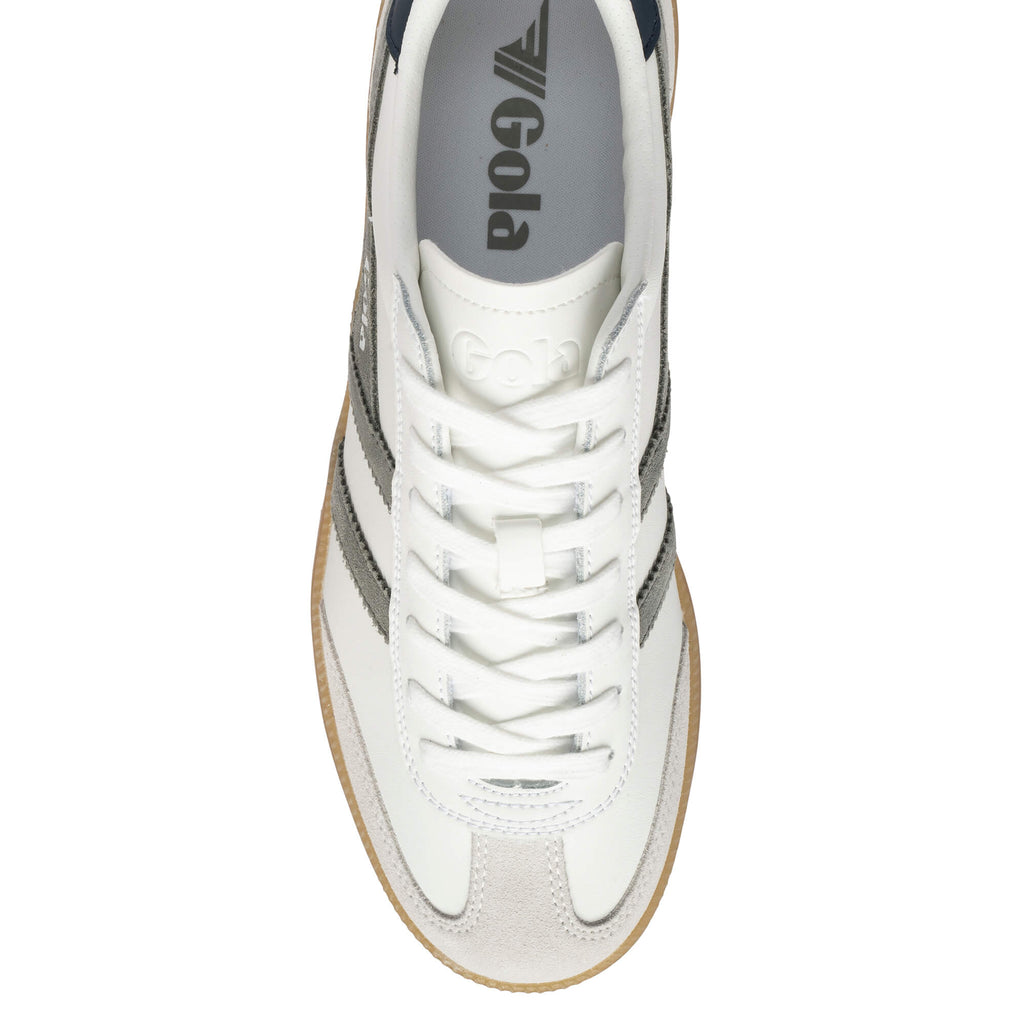 White Gola trainer with grey stripes and a gum sole