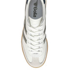 White Gola trainer with grey stripes and a gum sole