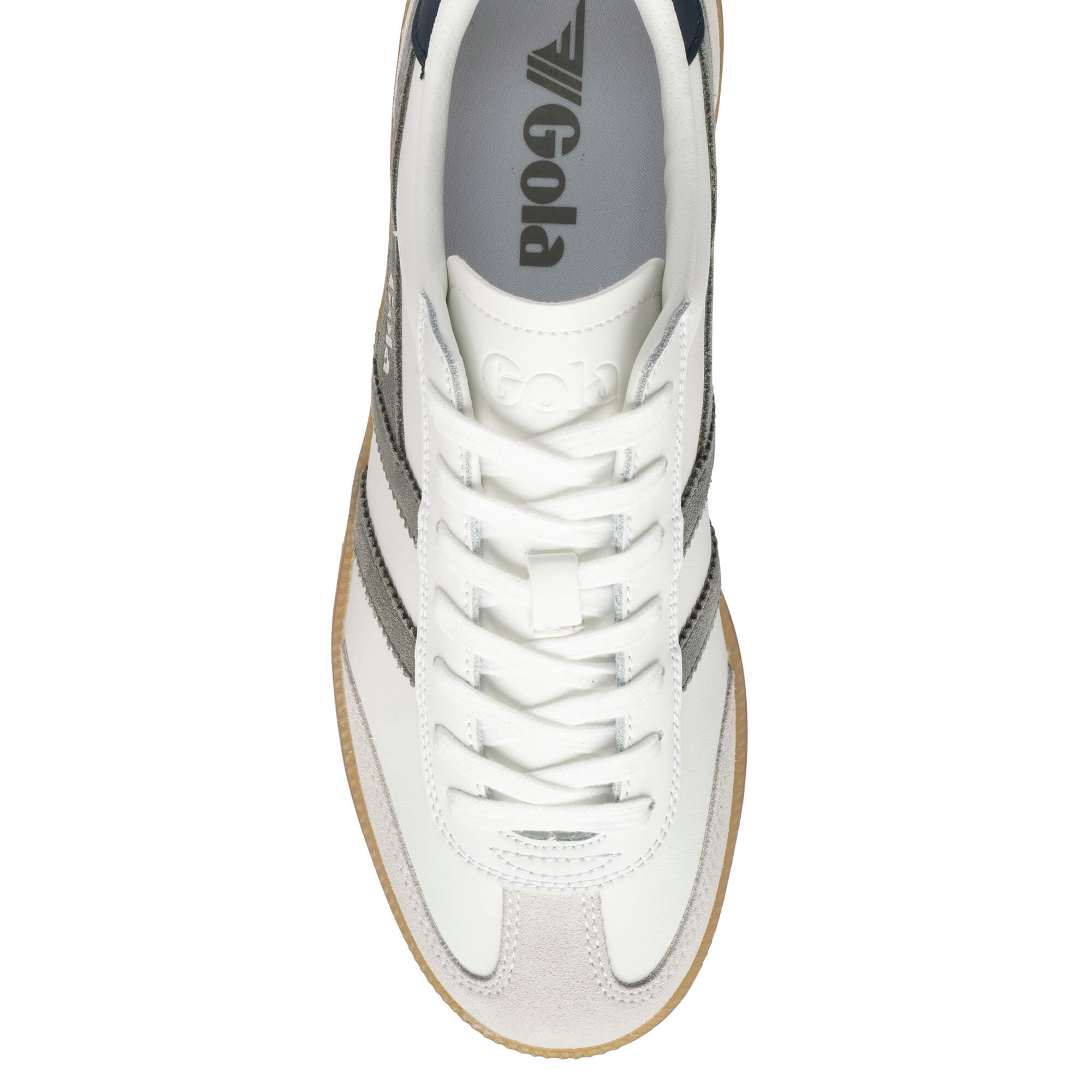White Gola trainer with grey stripes and a gum sole