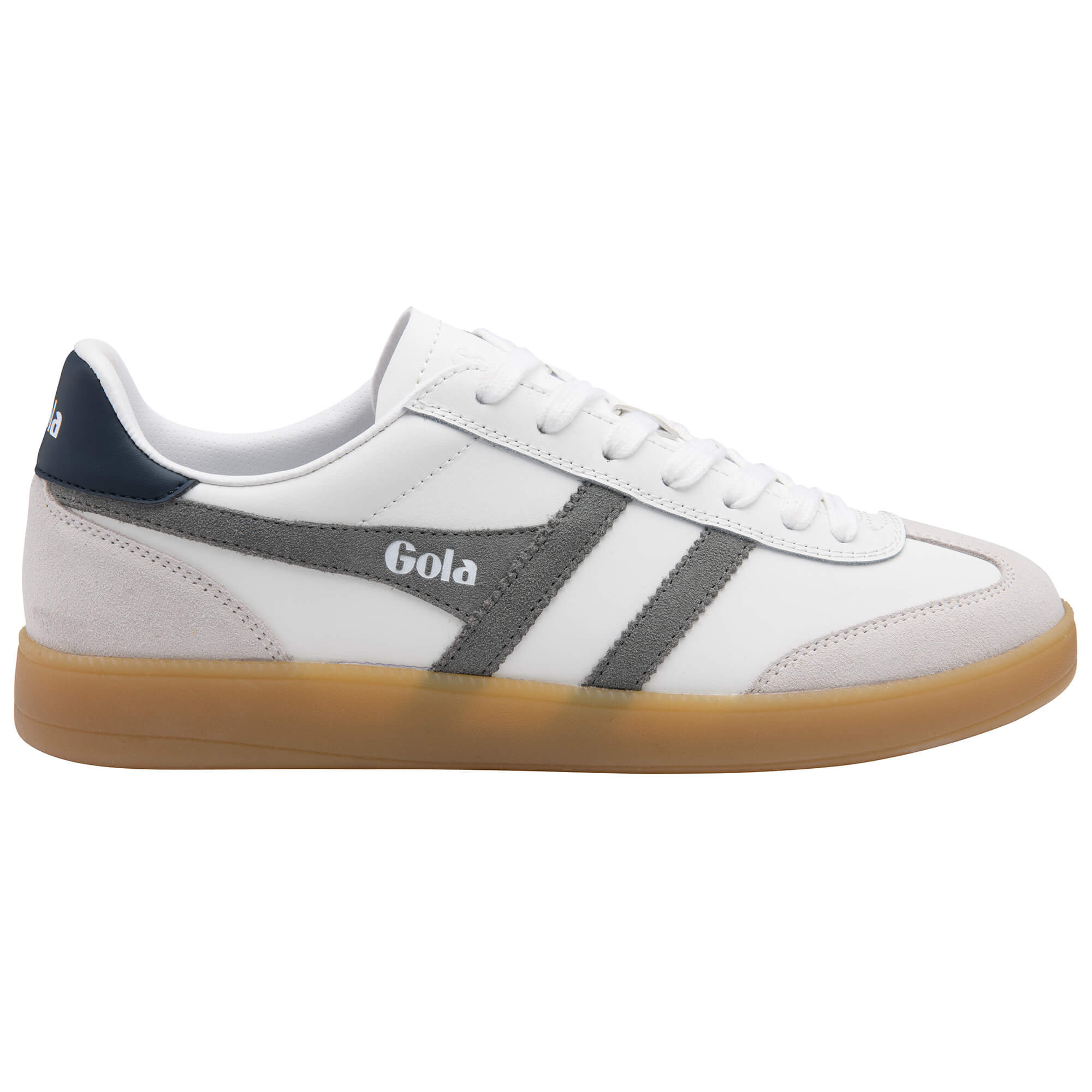 Gola Daytona trainer in white with grey stripes and a gum sole