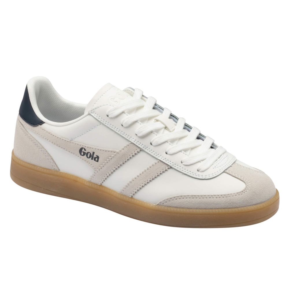 White Gola trainer with a gum sole and navy heel tab