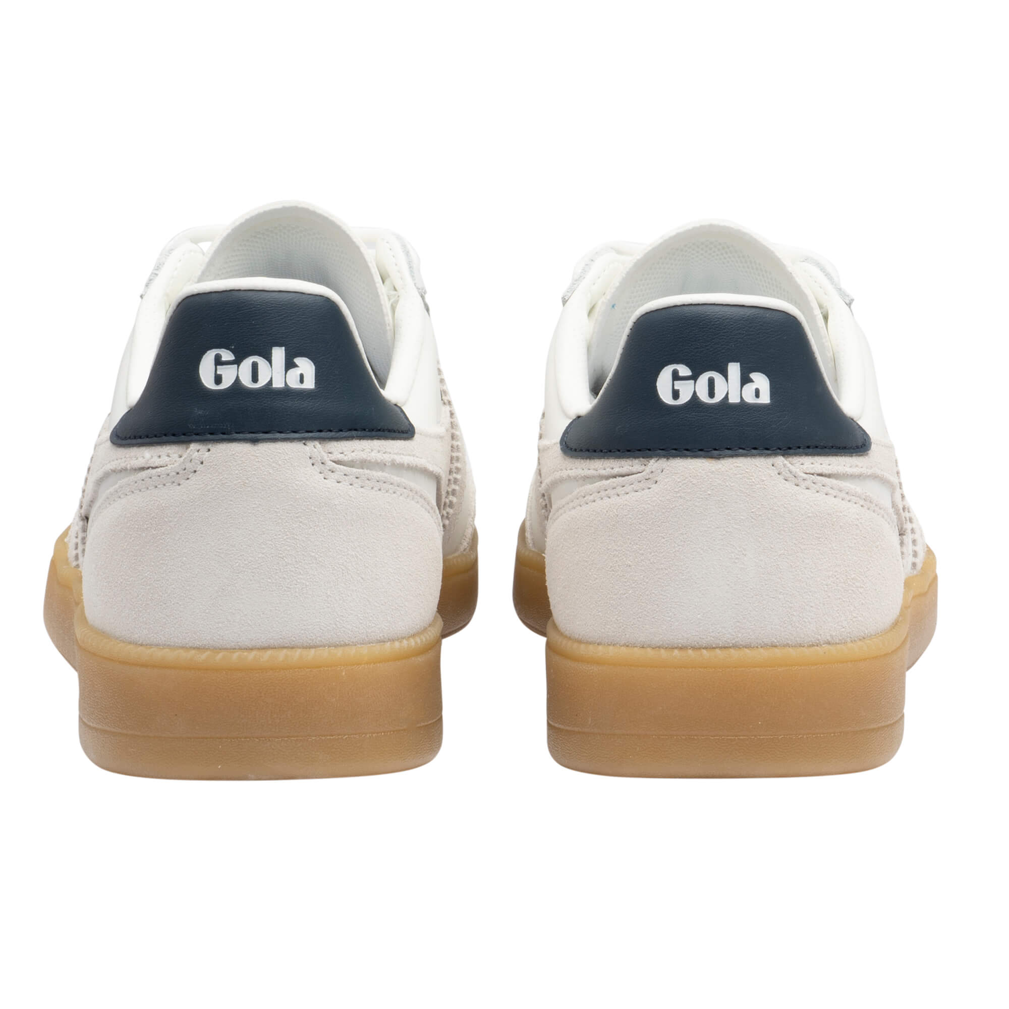 Pair of Gola trainers, white with navy heel tab and gum sole, rear view