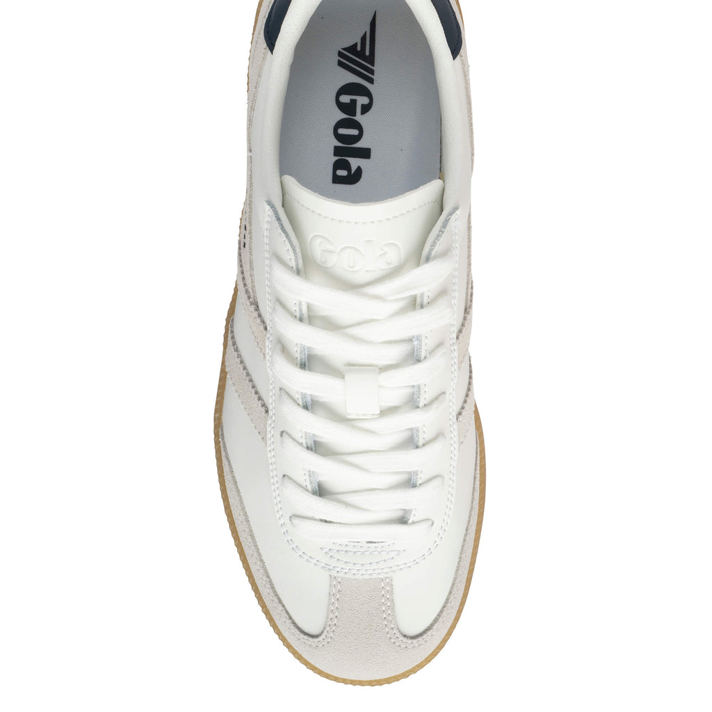 Top-down view of a white Gola trainer with a gum sole