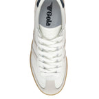 Top-down view of a white Gola trainer with a gum sole