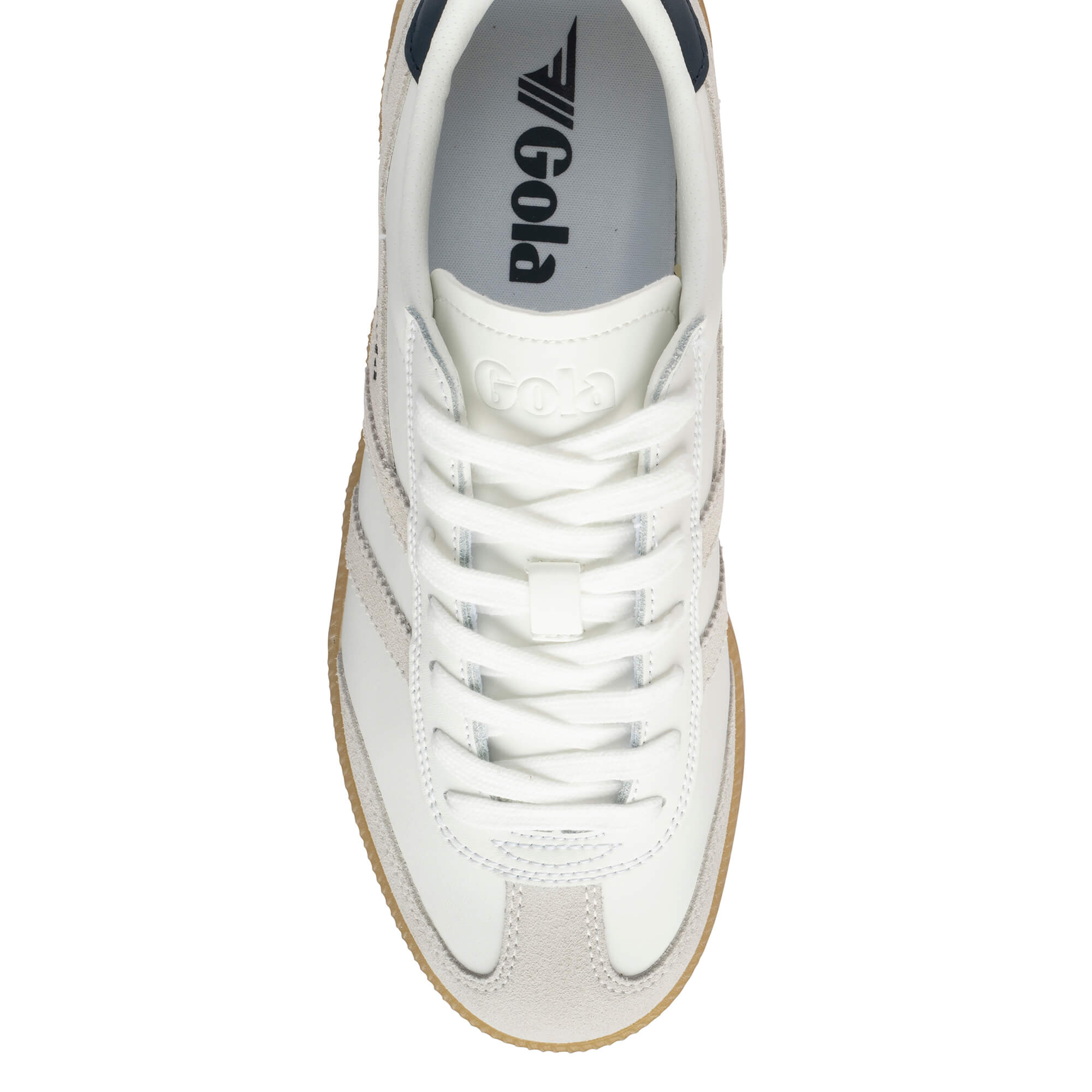 Top-down view of a white Gola trainer with a gum sole