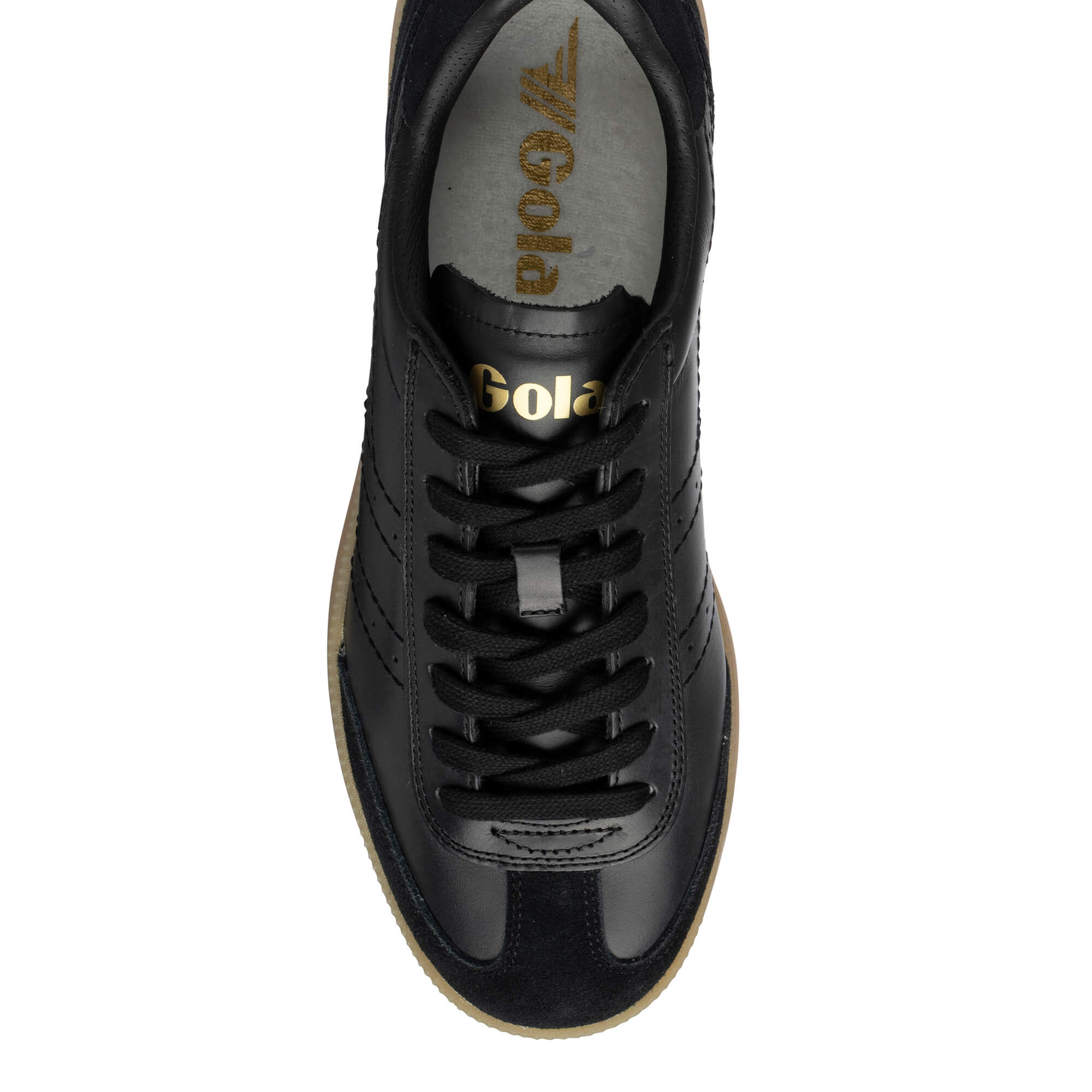 Black Gola Harrier trainers with gold Gola branding on the tongue and insole
