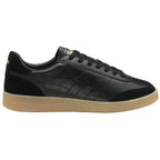 Black leather and suede trainer with a tan sole