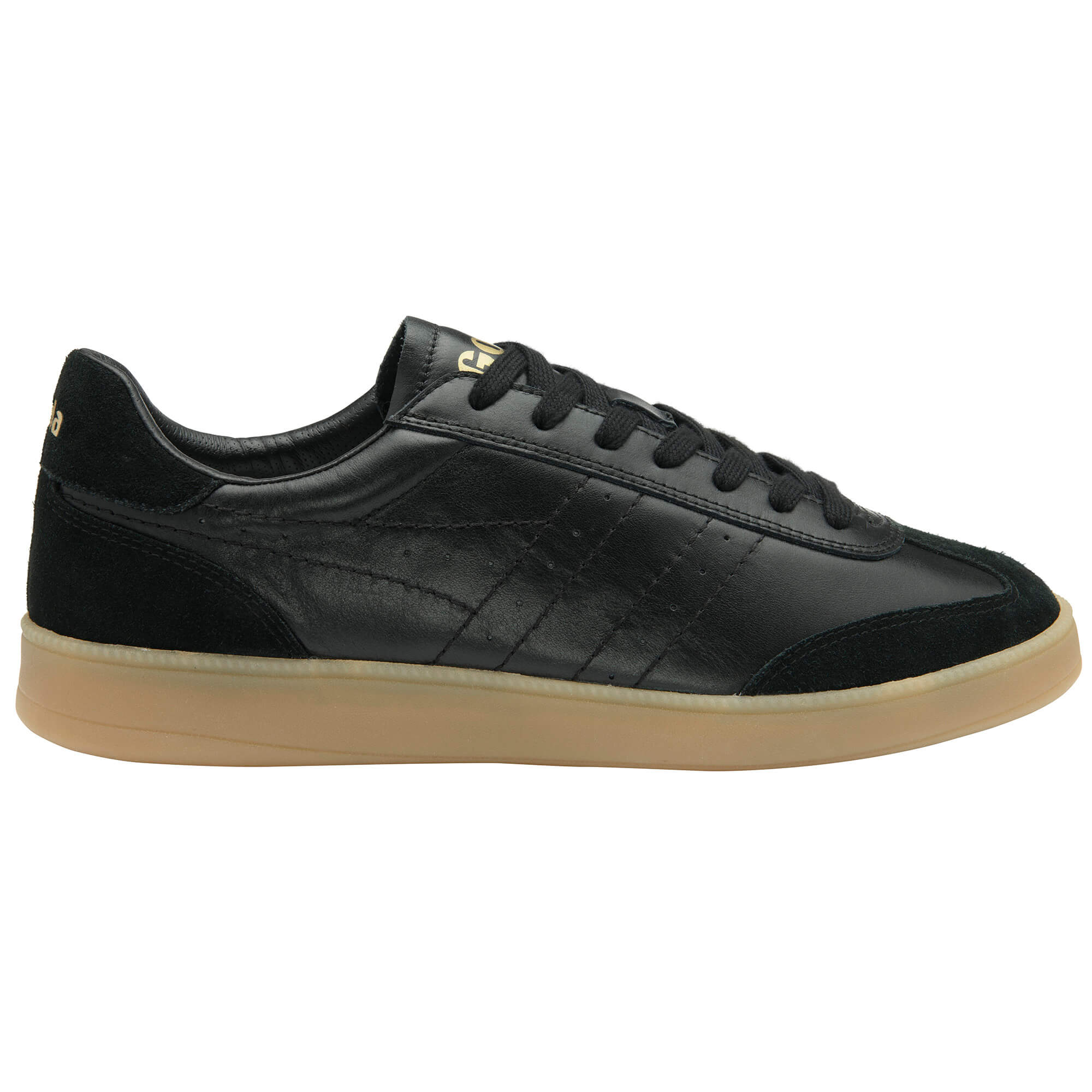 Black leather and suede trainer with a tan sole