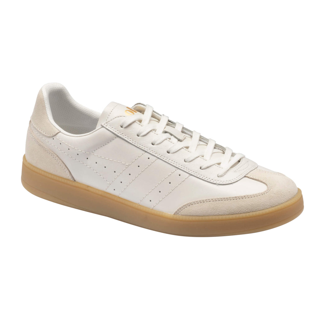 White leather trainer with suede trim and a gum sole
