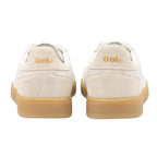 Rear view of two Gola trainers, off-white with a gum sole and gold Gola branding on the heel