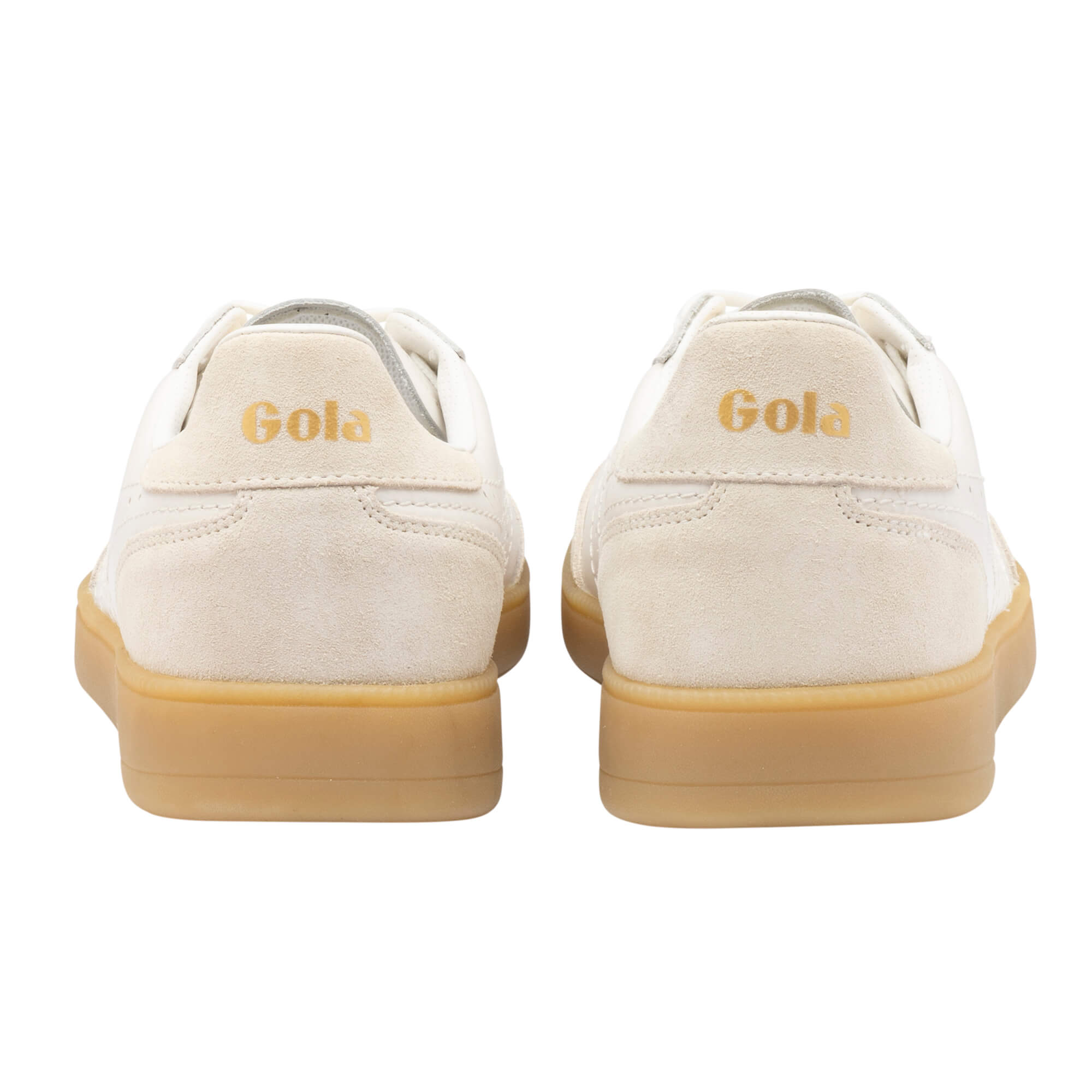 Rear view of two Gola trainers, off-white with a gum sole and gold Gola branding on the heel