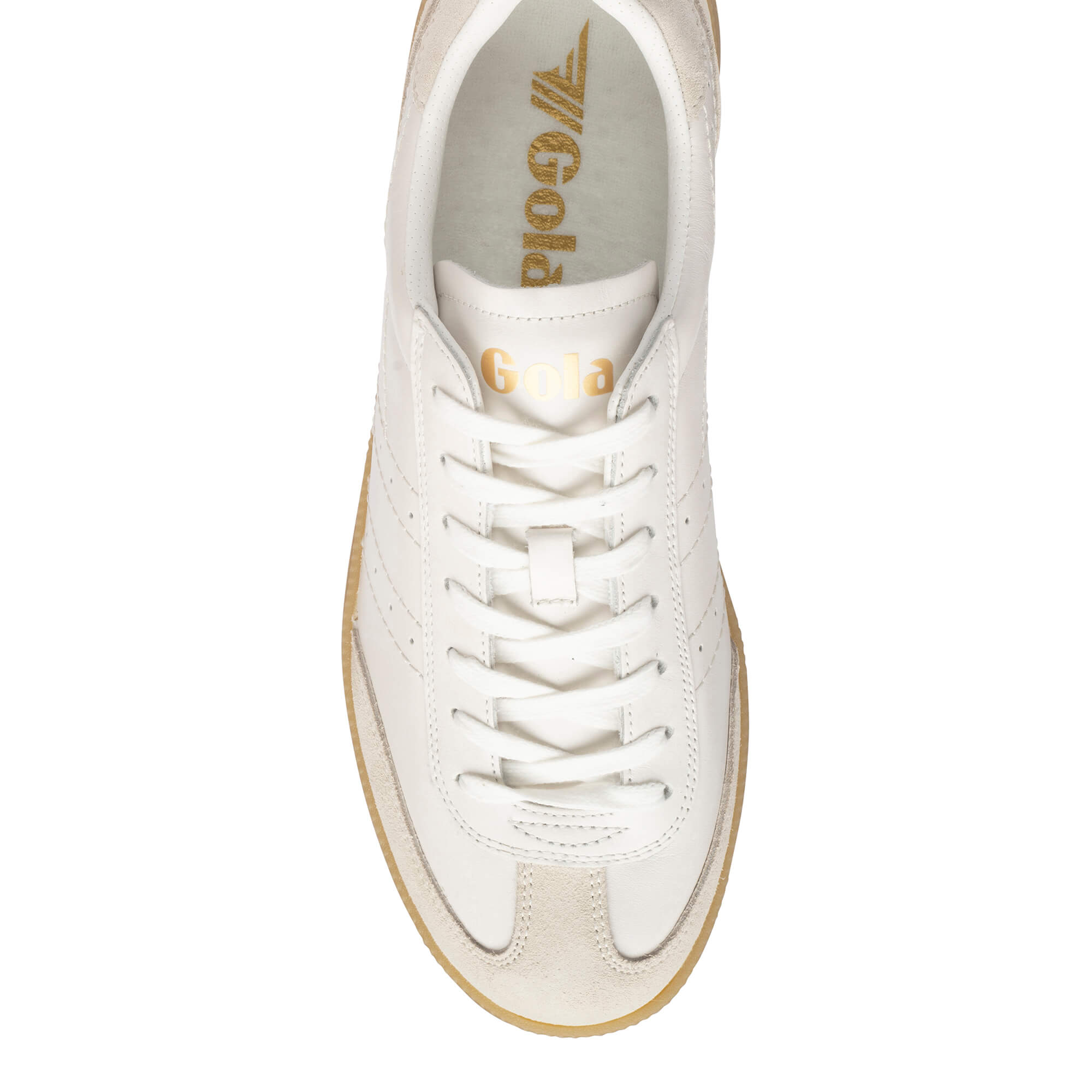 Top-down view of a white Gola trainer with gold branding and a light brown sole