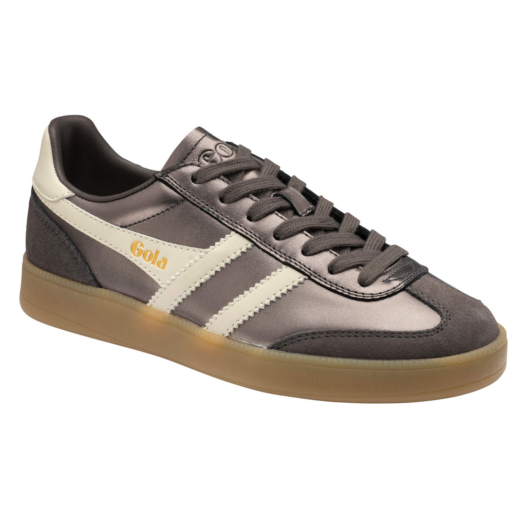Gola women's trainer in pewter with off-white stripes and gum sole