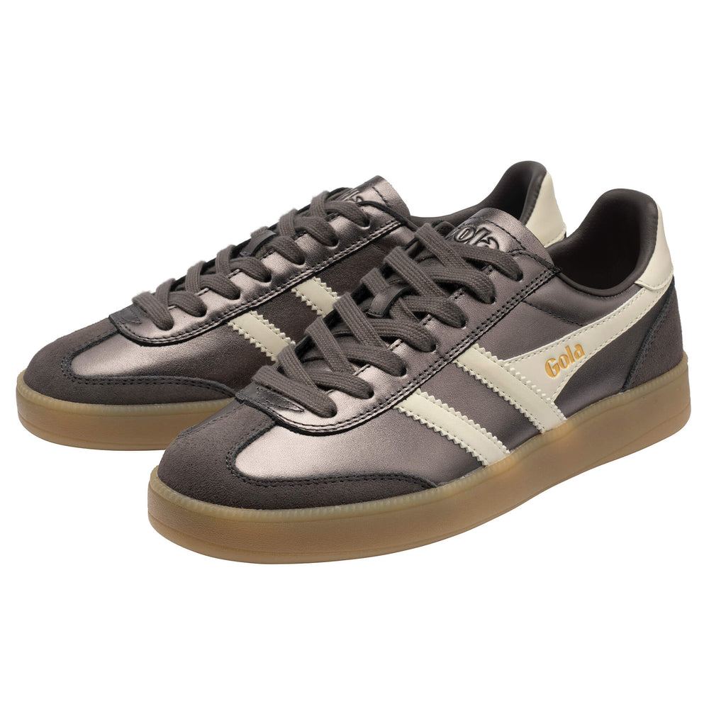 Pair of Gola Harrier trainers in metallic pewter with off-white stripes and gum sole