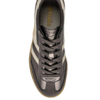 Overhead view of a Gola trainer in metallic pewter with cream stripes and a gum sole