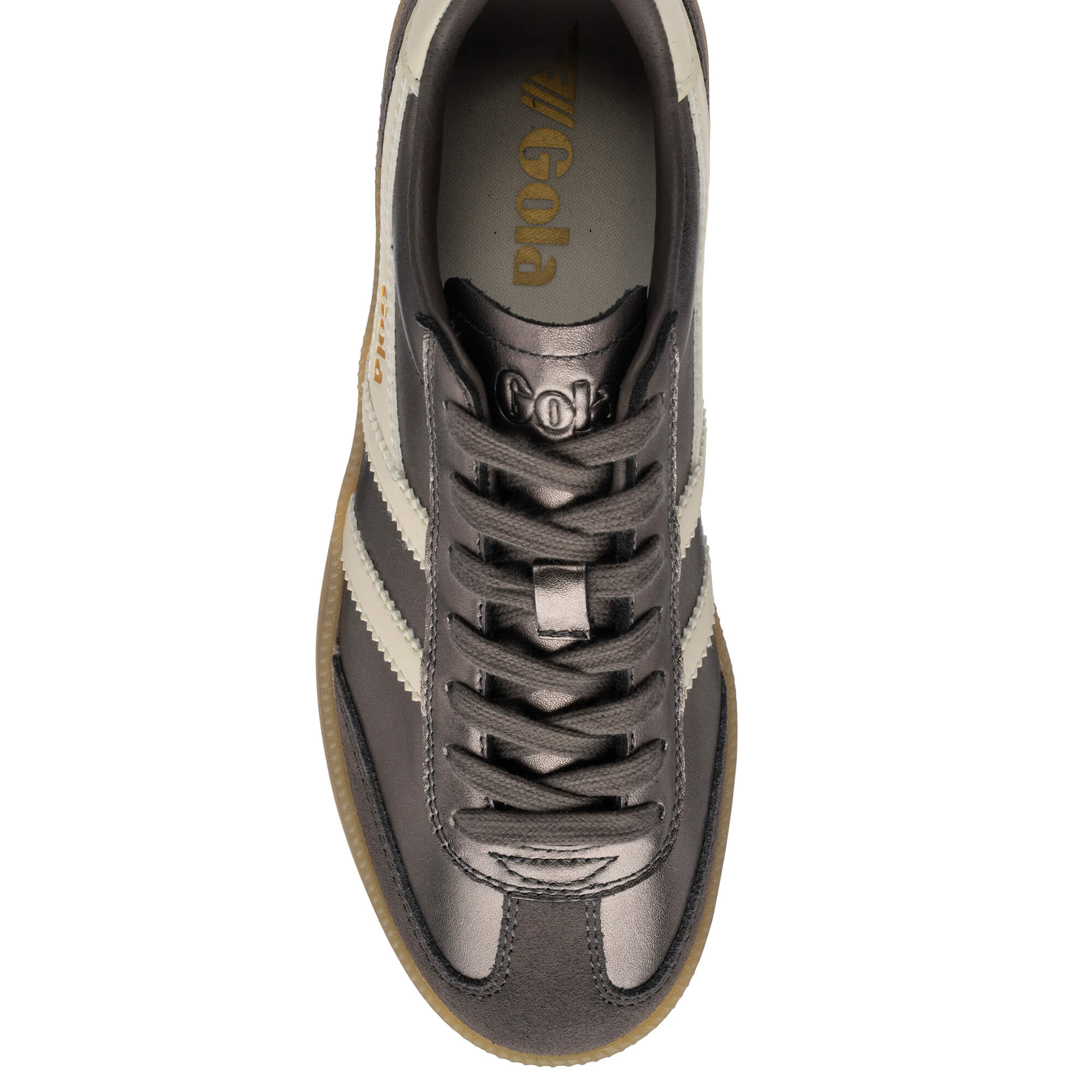 Overhead view of a Gola trainer in metallic pewter with cream stripes and a gum sole