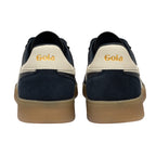 Rear view of two navy Gola trainers with cream heel tabs and gum soles
