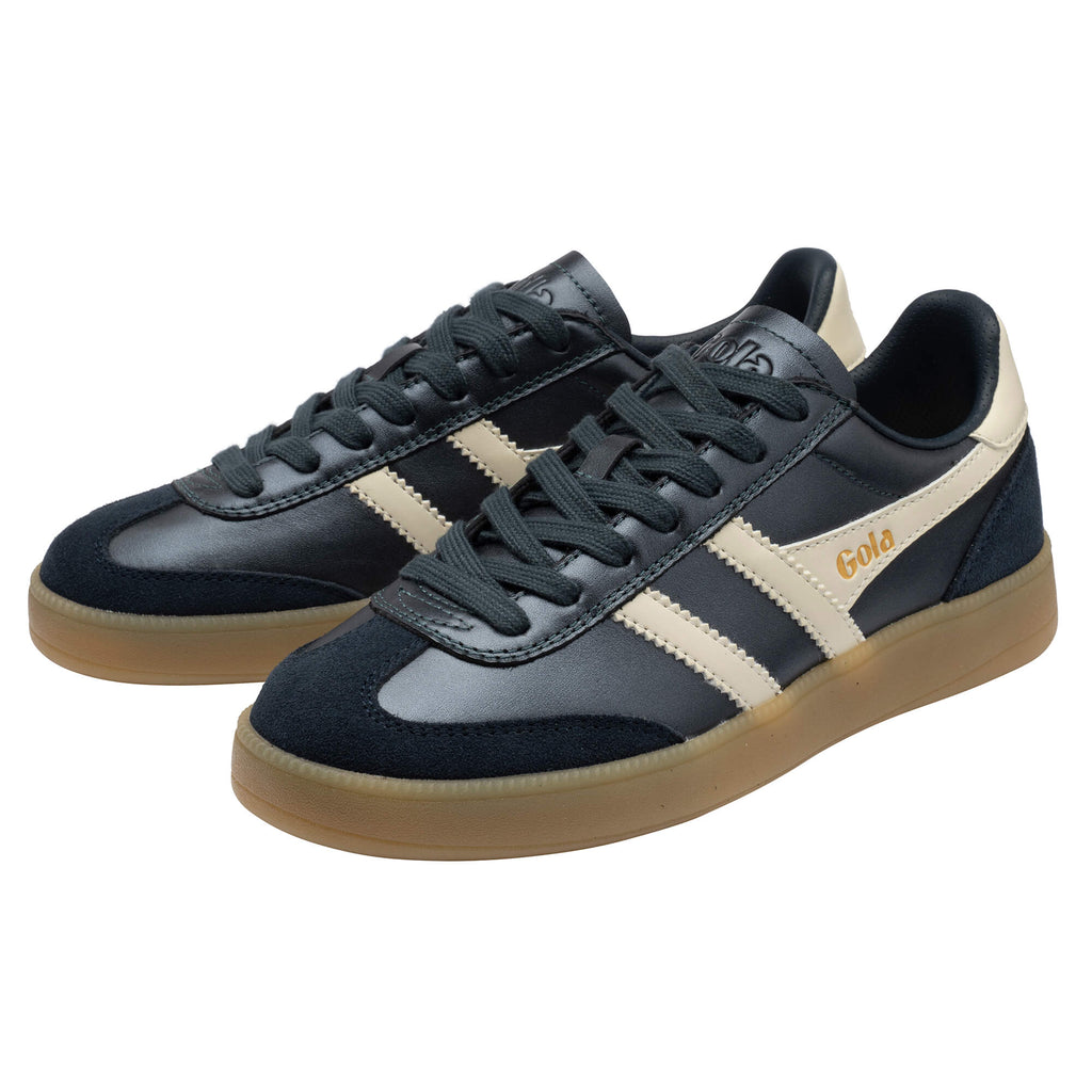 Pair of Gola Harrier trainers in navy with off-white stripes and gum sole