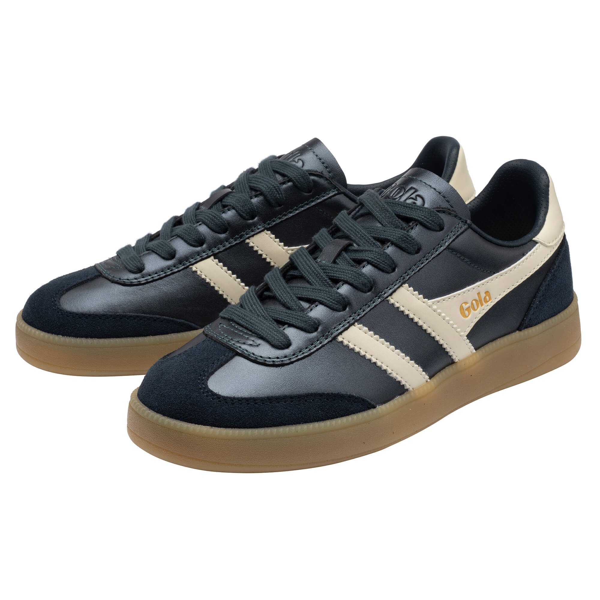 Pair of Gola Harrier trainers in navy with off-white stripes and gum sole