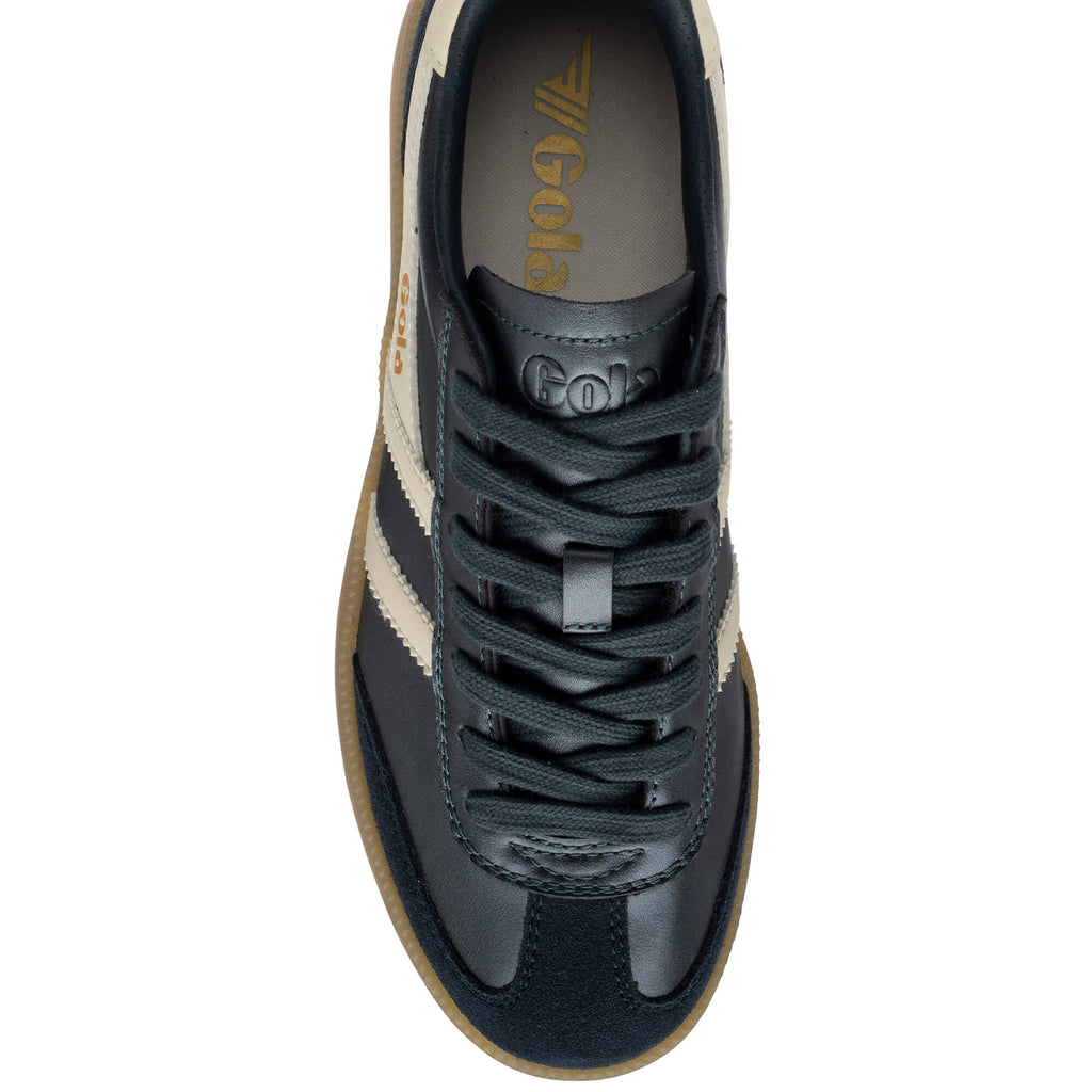 Overhead view of a dark blue Gola trainer with cream stripes and a gum sole