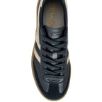 Overhead view of a dark blue Gola trainer with cream stripes and a gum sole
