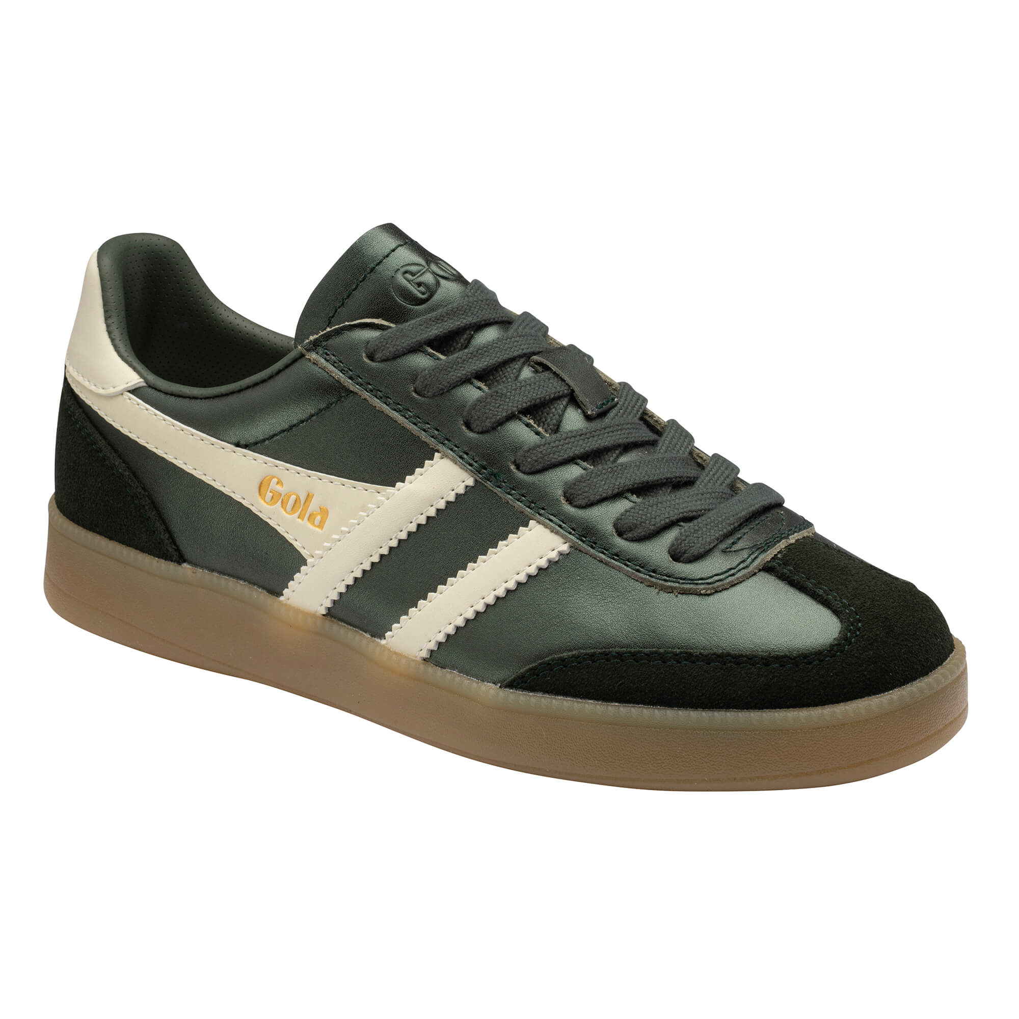 Gola Harrier trainers in dark green with white stripes and a brown sole